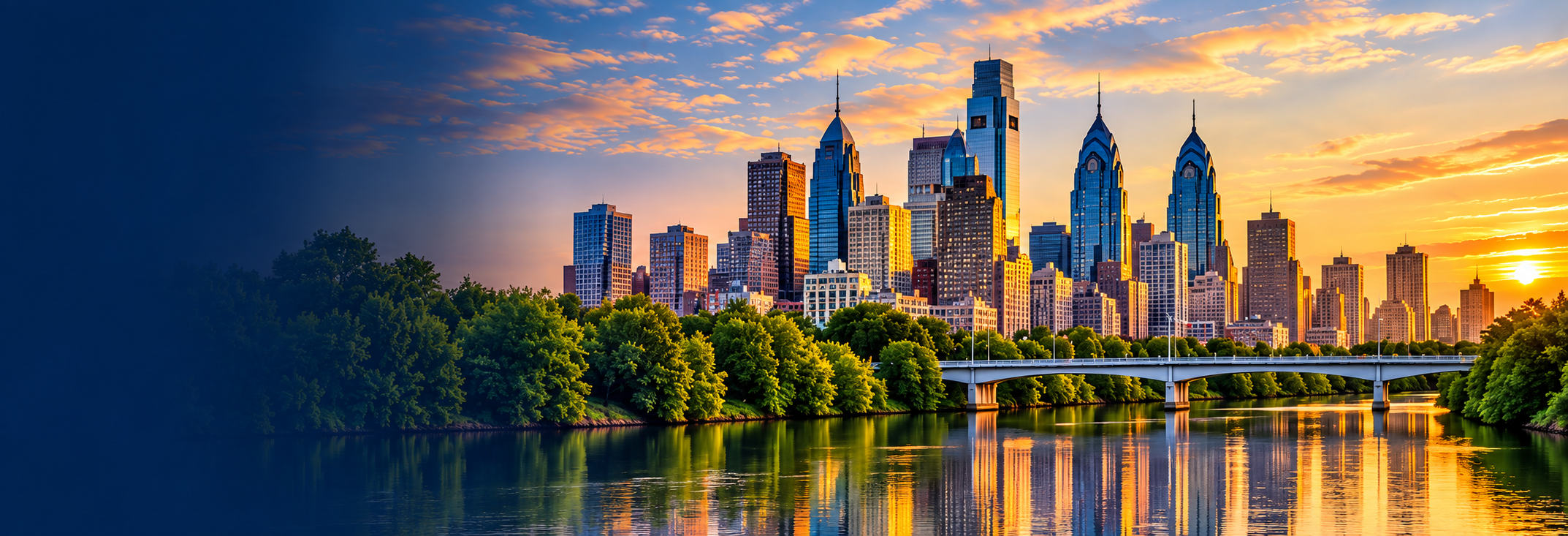 Philadelphia skyline reflected in the river at sunset